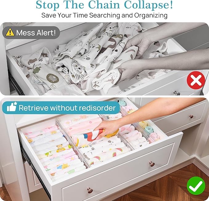 Vtopmart 4 Pack 4" Regular Upgrade Drawer Dividers for Clothes, 12.8"-22.3" Expandable Dresser Drawer Organizer, Clear Plastic Separators for Dresser, Baby Clothing, Underwear, Cosmetic, Toiletries
