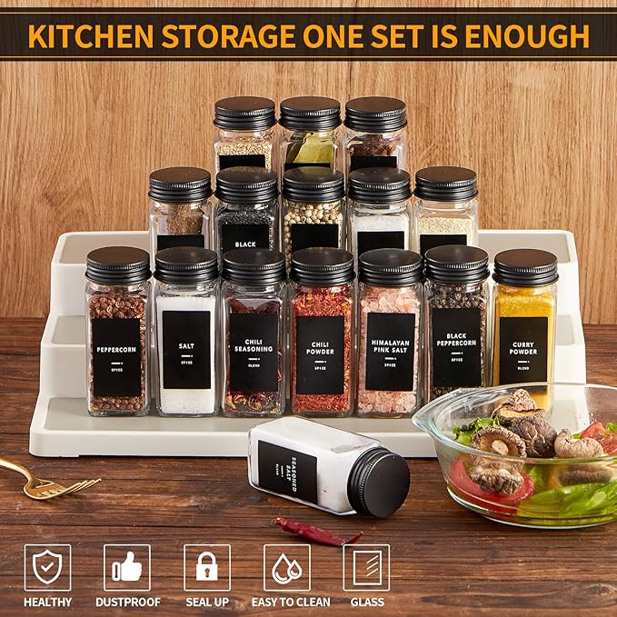 Skiileor 36 Pcs Spice Jars with Label- Glass Spice Jars with Black Metal Caps,Shaker Lids, Funnel, Chalk Pen