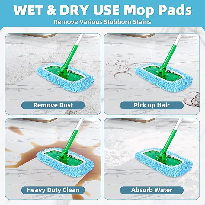 Reusable Mop Pads Compatible with Swiffer Sweeper Mop, Washable Wet Pads Refill & Chenille Dry Sweeping Cloths, Microfiber Mop Pads for Use on All Sealed Floors - Wood, Laminate, Stone & Tile (6 Blue)