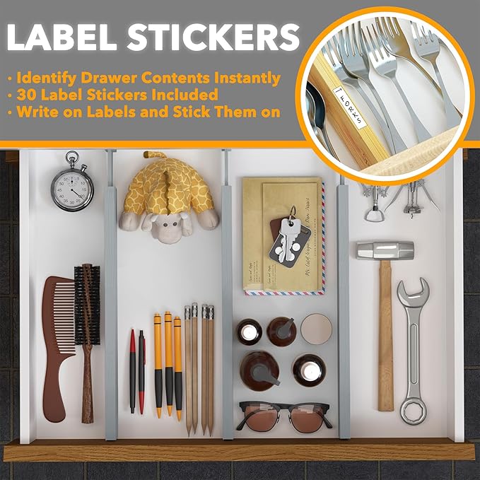 SpaceAid 4 Pack Bamboo Drawer Dividers with Labels, Kitchen Adjustable Drawer Organizers, Expandable Organization for Home Clothes Dressers (17-22 in, Gray)
