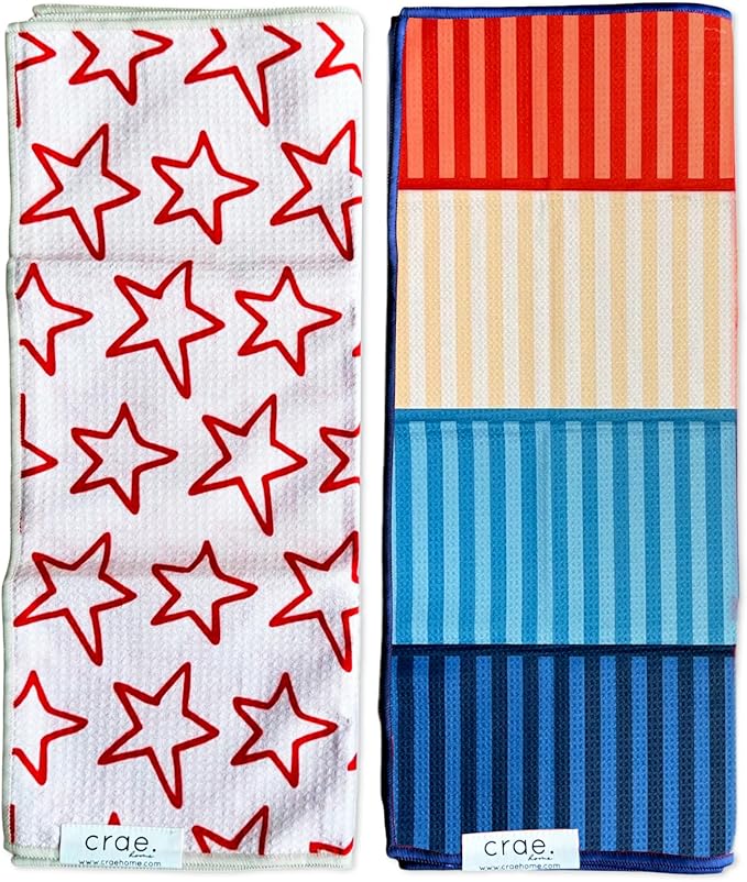 Double Sided Microfiber Hand Towels, 17x27 Inches Waffle Design Kitchen Towels Set, Durable & Soft Fast Drying Hand Wash Cloth, Everyday Dishcloth Use at Home (Stars & Stripes - Red, Blue, Cream)