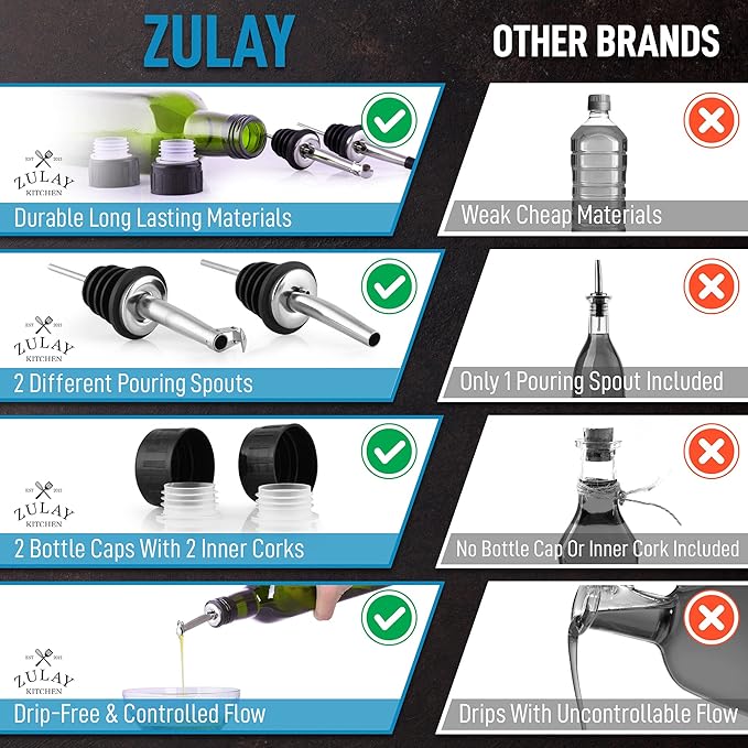 Zulay Kitchen (2 pack 17oz Olive Oil Dispenser Bottle For Kitchen - Glass Olive Oil Bottles With 2 Spouts, 2 Removable Corks, 2 Caps, & 1 Funnel - Oil Bottle For Kitchen & Storing Liquids