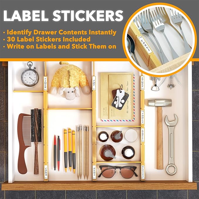 SpaceAid Bamboo Drawer Dividers with Inserts and Labels, Kitchen Adjustable Drawer Organizers, Expandable Organization for Home, Office, Dressers, 4 Dividers with 9 Inserts (17"-22" Natural)