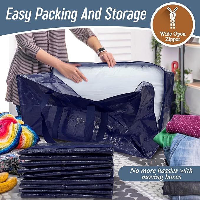 12 Pack Extra Heavy Duty Large Moving Bags with Strong Zipper & Comfortable Handles, Sturdy & Durable Clothes Storage Bags Totes Bins