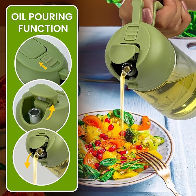 Oil Dispenser, 2 In 1 Cooking Oil Sprayer and Pourer, Non-Drip Spout for Kitchen Oil, Air Fryer, Salad, Grill, 16oz/470ml with clearning brush (Green Cap, Clear Bottle)