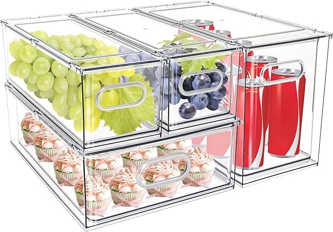 MineSign 4 pack Stackable Fridge Drawers Pull-Out Bins Divided Produce Saver Containers for Refrigerator Storage Organizers for Veggie Fruit Berry Pantry Cabinet Makeup Clothes