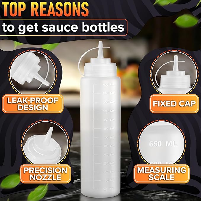 3-Pack Plastic Condiment Squeeze Bottles 24oz – Refillable Squirt Bottles with Narrow Tip, Leak-Resistant | Great for Oil, Sauces, Ketchup, Mayonnaise, Syrup, Dressing, BBQ Stations & Catering Use