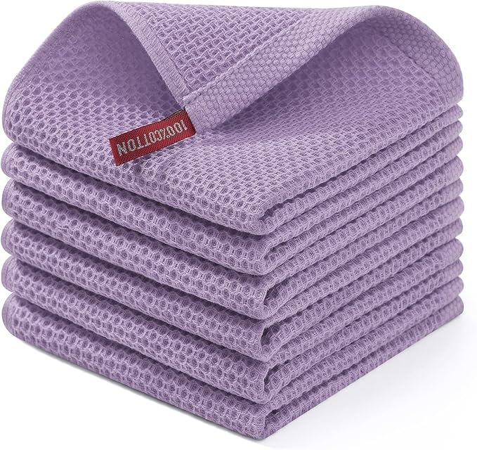 Homaxy 100% Cotton Waffle Weave Kitchen Dish Cloths, Ultra Soft Absorbent Quick Drying Dish Towels, 12 x 12 Inches, 6-Pack, Lavender