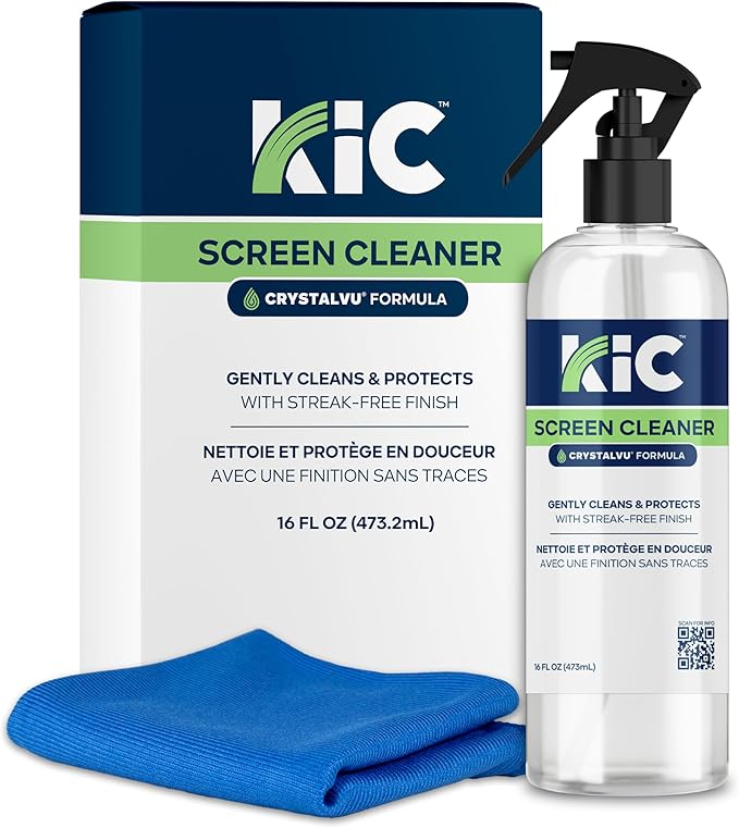 KIC CrystalVu Screen Cleaner Spray Kit with Microfiber Cleaning Cloth – Streak-Free for TV, Phone, Laptop, Monitor & Tablet
