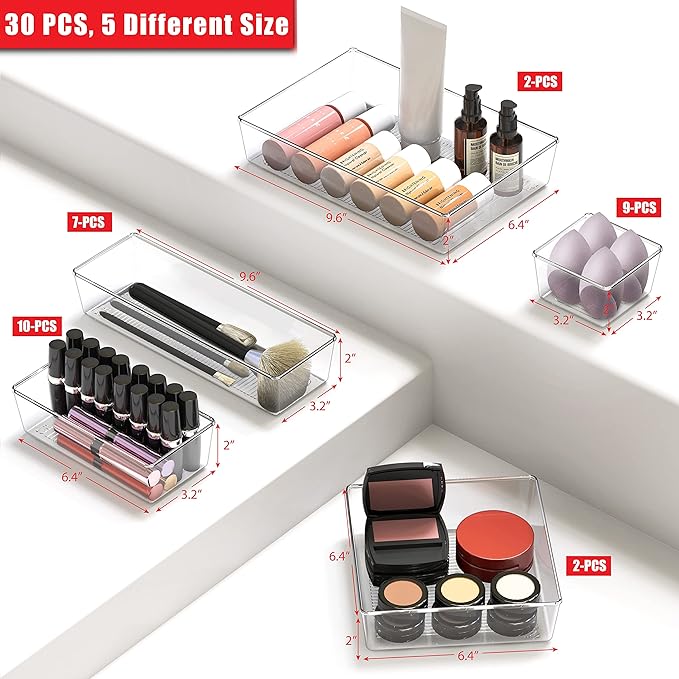 Simple Houseware 30 PCS Clear Plastic Drawer Organizers Set, 5-Size for Makeup