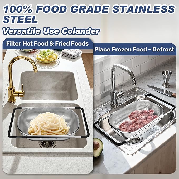 Over the Sink Colander, Expandable Strainers and Colanders with Fine Mesh, Colander for Kitchen with Rubber Grip for Draining Pasta