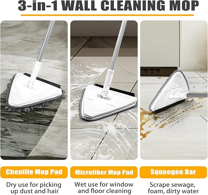 JEHONN Wall Mop with Long Handle 80 inches, Upgraded 180° Collapsible Baseboard Cleaner Tool with Squeegee