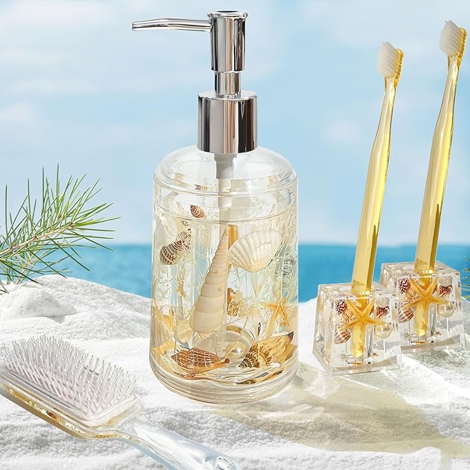 FONMY Soap Dispenser with Pump Acrylic w/Nature Seashell Handmade Bathroom Hand Soap Dispenser, Kitchen Refillable Liquid Dispenser for Soap,Dish Soap, Lotion (Milkly White)