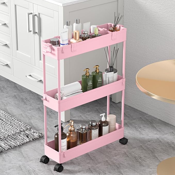 SPACELEAD Slim Storage Cart 3 Tier,Bathroom Organizer Rolling Utility,Mobile Shelving Unit Slide Out for Office, Kitchen, Laundry Room & Narrow Places,Pink