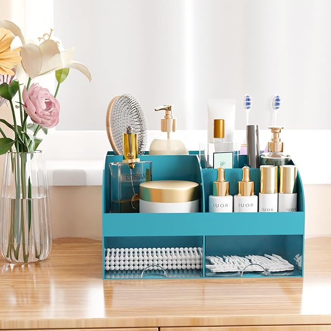 Makeup Organizer with Drawers, Cosmetic Storage for Dresser Vanity and Bathroom Countertop, Beauty Holder for Lipstick Brush, Skincare Organizer for Vanity, Cosmetic Display Case (Dark Green)