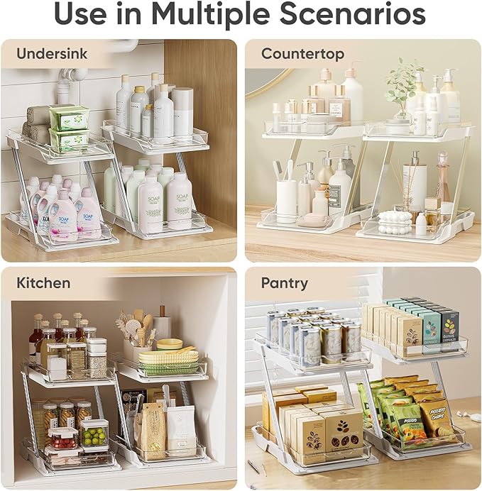 2 Pack Bathroom Organizers and Storage - Multi-Purpose,2-Tier Clear Pull Out Organization for Bathroom,Under Sink,Kitchen,Vanity,Countertop,Cabinet,Pantry & Medicine Cabinet,White