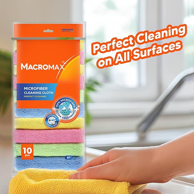 Macrofresh MacroMax 12-Pc Flat Mop and Bucket System: Dual-Chamber Mop for Wet & Dry Use, 5 Microfiber Pads, 10-Pack Freshness Cloths, 15 Sponges, Scourers and Hangers
