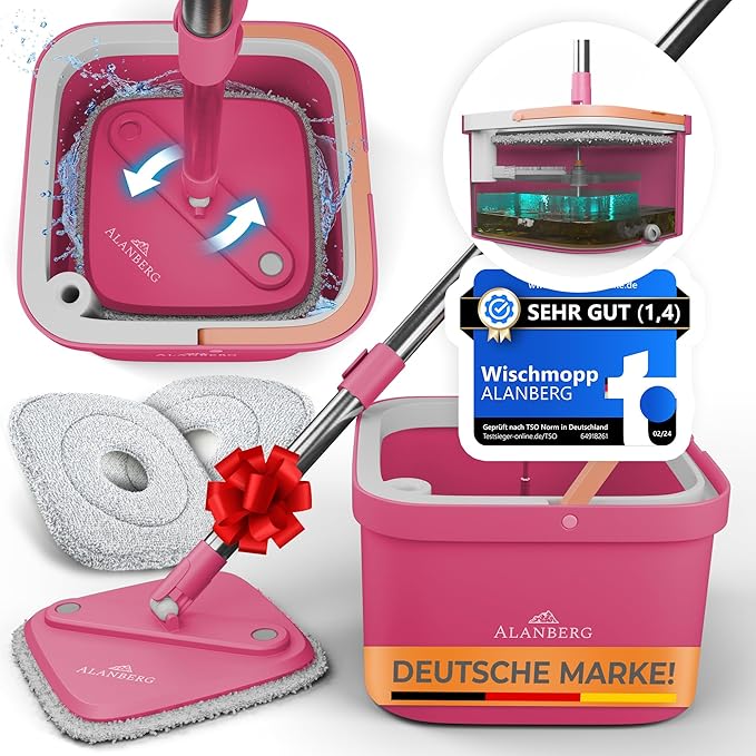 Spin Mop and Bucket Set with Wringer – Dual-Chamber Self Wringing Mop, Flat Microfiber Mop for Hardwood, Tile & Vinyl Floors, 2 Washable Replacement Heads, 63" Handle, Pink