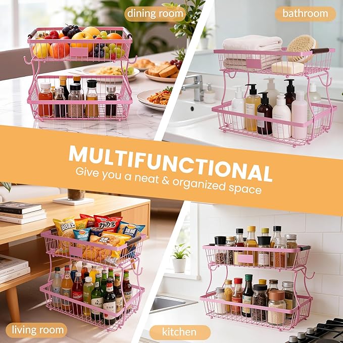 2-Tier Stackable Wire Basket with 2 Banana Hooks, Pantry Organizer for Kitchen Countertops, Cabinets & Under-Sink Spaces; Ideal for Storing Snacks, Fruits, Veggies, Onions, Potatoes, & More，Pink