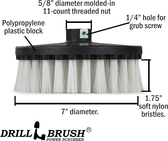 Carpet Cleaner Scrub Brush for Polisher - 7 Inch Soft White Drillbrush with 5/8 x 11 Threaded Hub for Rotary Polisher Machine - Large Car Buffer Brush - Large Carpet Scrubber - Drill Adapter Included