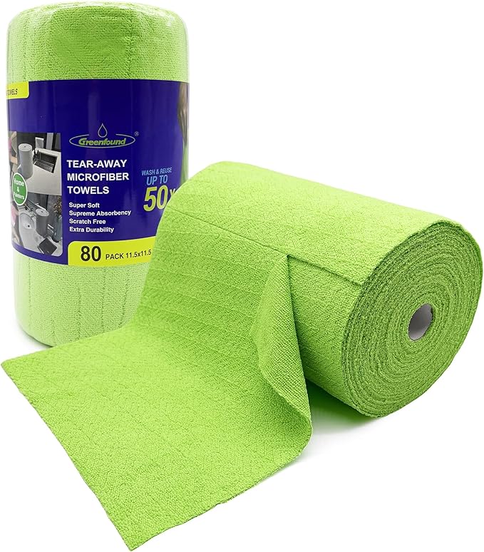 Greenfound Microfiber Cleaning Cloth Roll -80 Pack,Tear Away Microfiber Towels for Car,Reusable Paper Towels Washable,Absorbent,Lint Free Cleaning Rags for House,Kitchen,Window-11.5"×11.5"(Wave Green)