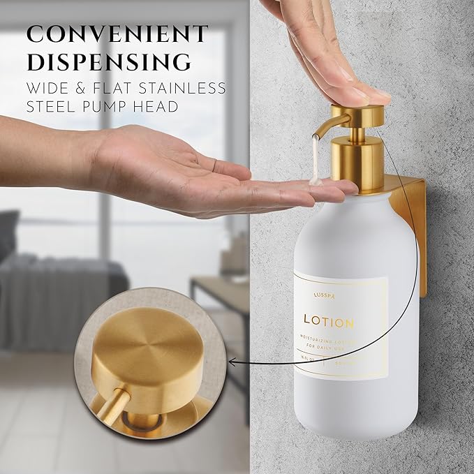 Shower Shampoo Dispenser Wall Mounted – 3 Refillable 16.9 oz White Bottles with Stainless Steel Pumps & No-Drill Adhesive Holders – Soap Dispenser Set for Bathroom (3 X White/Gold)