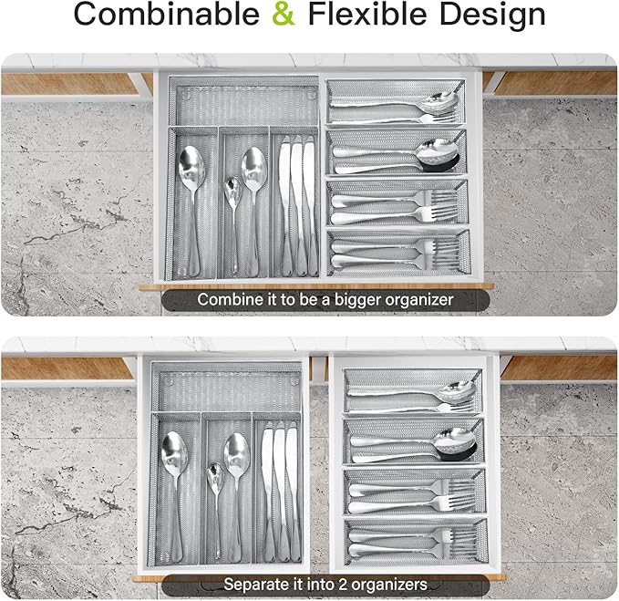Neudeco Drawer Organizer Set 5 Pack - 4-Compartment Silverware Organizer Tray + 4 Utensil Trays, Kitchen Drawer Organizer for Flatware, Cutlery, Office Supplies, Silver Mesh, Non-Slip,Silver