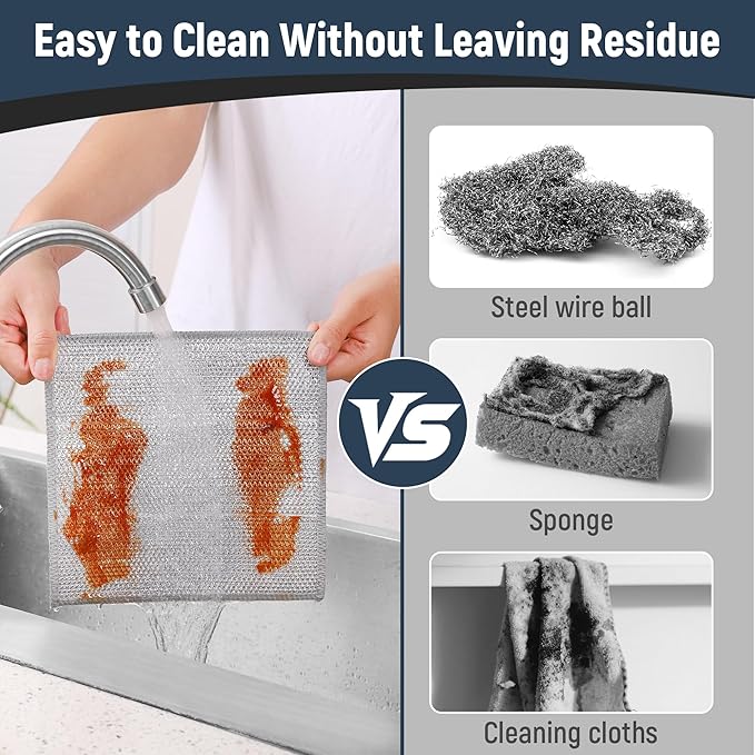 3 Layers Non Scratch Wire Dish Cleaning Supplies 12PCS - Wire Dishwashing Rag Home Essentials-Reusable Steel Wool Scrubber Washcloths,Kitchen Towels and Dishcloths Set for Pans Sinks & Cookware