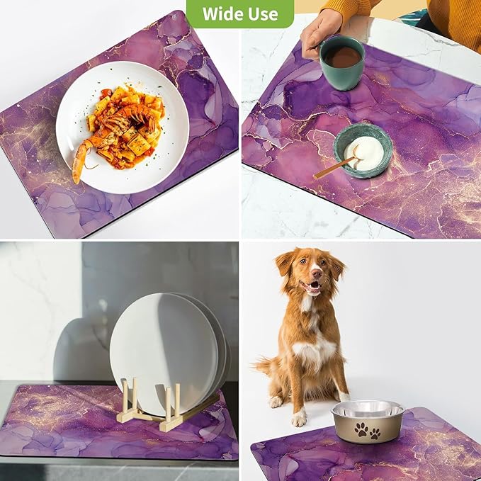 Dish Drying Mat for Kitchen Counter, Purple Shiny Abstract Marble Design, Washable Absorbent Quick Dry Pad with Rubber Backing, Draining Mat for Dishes Coffee Table, 12" x 20"