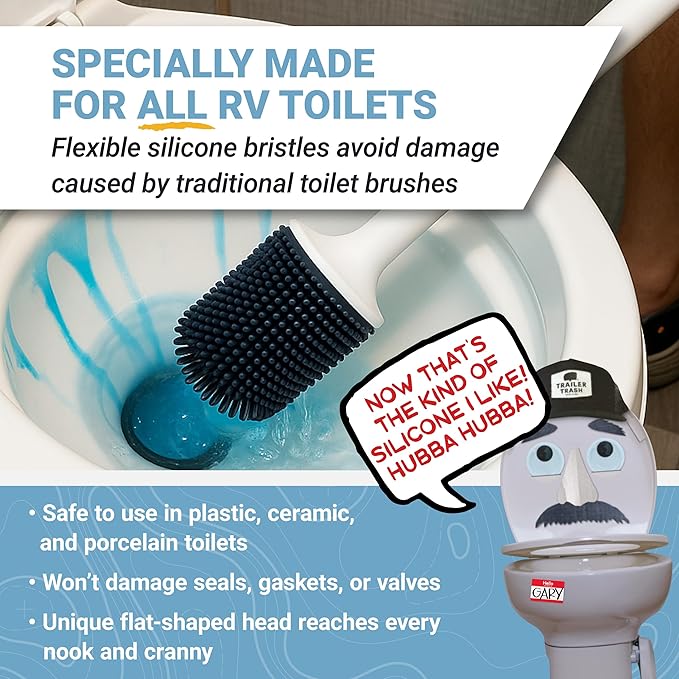 Unique RV Toilet Bowl Brush, Compact, Silicone Bristles, Won't Damage Toilets or Seals, Wall-Mount No-Drip Holder (Pack of 2)