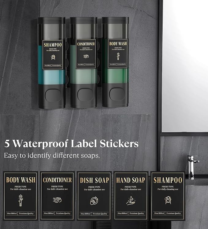 Luxspire Shampoo and Conditioner Dispenser, No Drill Wall Mounted Shower Soap Dispenser 3 Chamber with Waterproof Labels, Easy Refill Soap Dispenser for Bathroom Hotel Kitchen, Black