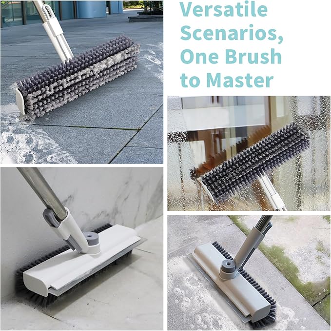 Floor Scrub Brush with Long Handle, 3 in 1 Scrape and Heavy-Duty Stiff Bristle Scrubber Brush for Cleaning Shower Bathroom, Patio, Garage, Kitchen