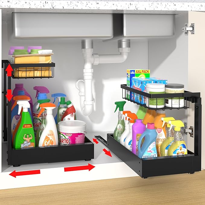 CAWIU 2-Pack Expandable Under Sink Organizers and Storage, 2-Tier Adjustable Pull-Out Cabinet Organizers, Slide-Out Shelves with Width (9.9"-15.7") & Height (11.6"-15.6") for Kitchen & Bathroom