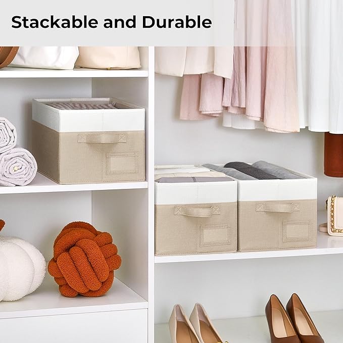 GRANNY SAYS Shelf Storage Baskets, Fabric Storage Bins for Clothes, Closet Storage Boxes with Handles, Collapsible Storage Containers for Bedroom and Living Room, Khaki&Ivory, Medium, 3-Pack