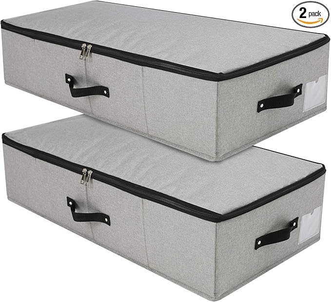 Omygarden 2PCS Foldable Under Bed Storage Container with Plastic Support Liner, Handles, Zipper lid, Sweater Pillow Blankets ClothesStorage Organizer for Bedroom and Closet, 29×15×7inch, Dark Grey