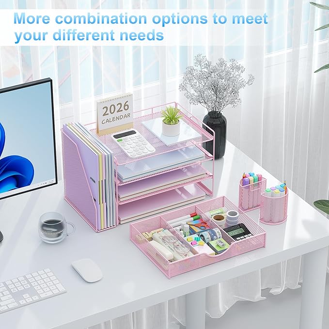 gianotter Desk Organizers and Accessories with File Holder, 4-Tier Desk Accessories & Workspace Organizers with Drawer and 2 Pen Holder