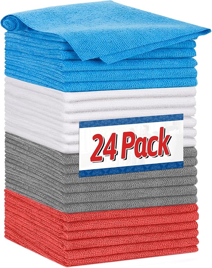 FIXSMITH Shop Towels, Microfiber Cleaning Cloth Bulk, 24 Pack Microfiber Towels for Cars, All-Purpose Absorbent Cleaning Rags, Dust Cloth for Automotive, Mechanic, Garage, Bar, 11.5 x 11.5 inch