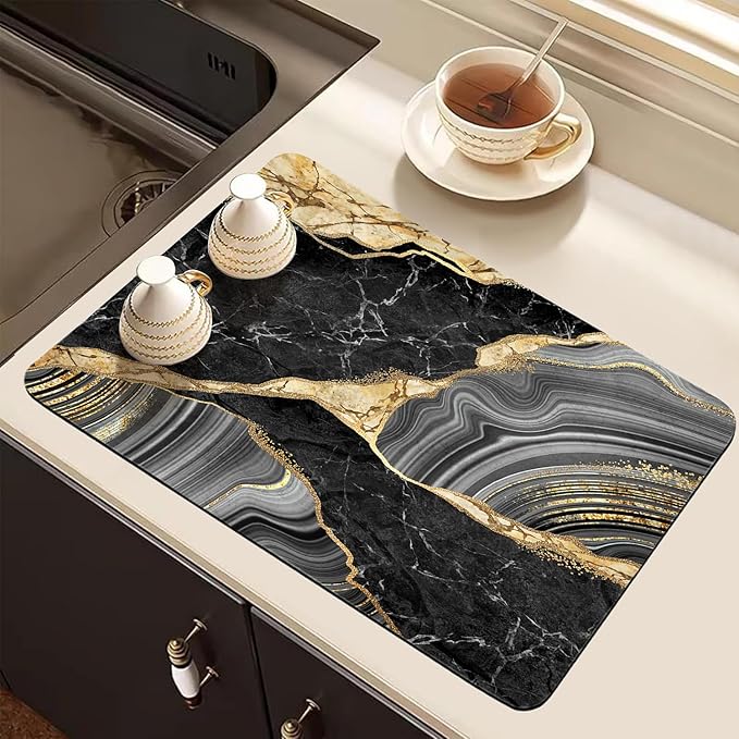 Dish Drying Mat for Kitchen Counter, Black Marble Gold Agate Design, Washable Absorbent Quick Dry Pad with Rubber Backing, Draining Mat for Dishes Coffee Table, 12" x 20"