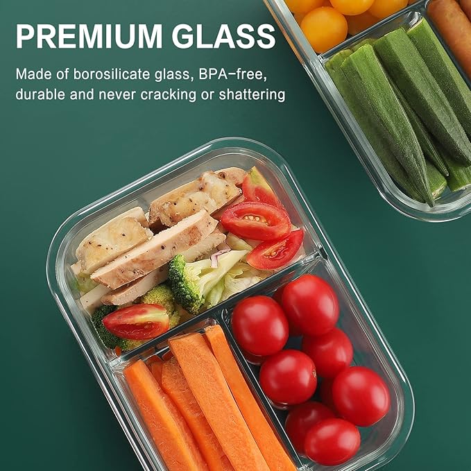 HOMBERKING 8 Pack Glass Meal Prep Containers 3 Compartment, 36oz Glass Food Storage Containers with Lids, Airtight Glass Lunch Bento Boxes