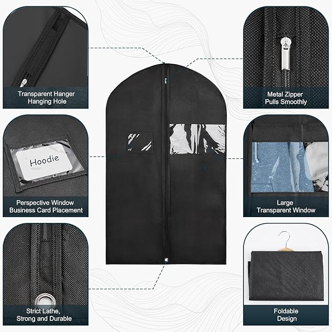 43" Black Garment Bags for Hanging Clothes Storage and Men Travel with Car, Hanging Suit bag Cover with Zipper, Clear Window and Name Tag for Shirt, Jacket, Suit, Coat (5 PACK)
