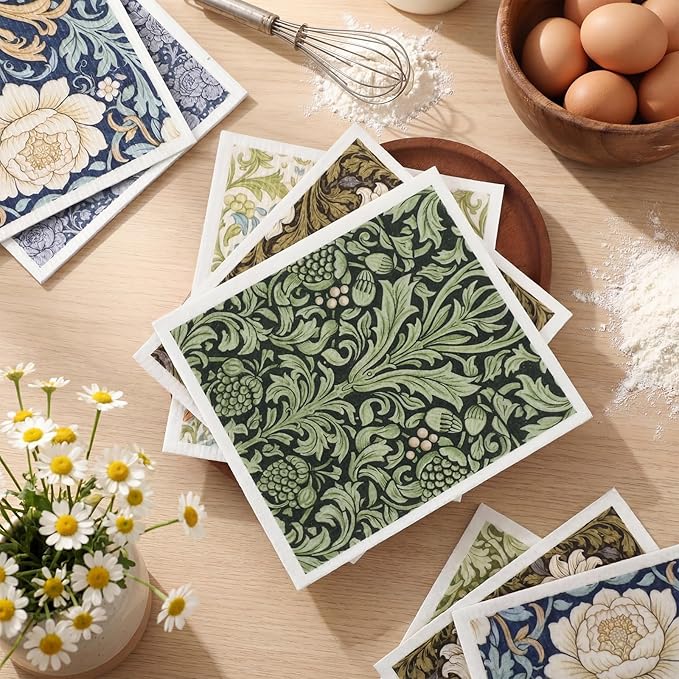 Mifoci 12 Pcs William Morris Swedish Kitchen Dishcloths 7 x 8 Inch Reusable Vintage Floral Dish Towels Absorbent Cotton Cleaning Cloths for Kitchen Cleaning Wipes Housewarming