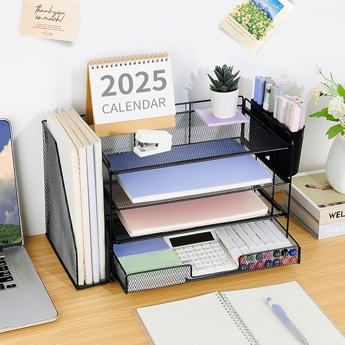OPNICE Desk Organizer, 4-Tier Desktop File Organizer with Drawer and 2 Pen Holders, Office Desk Accessories, File Sorters