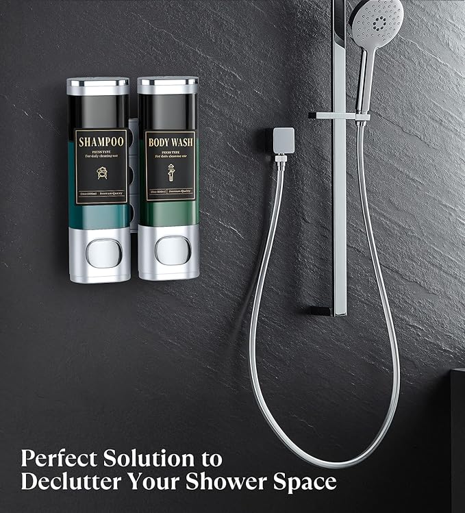 Luxspire Shampoo and Conditioner Dispenser, No Drill Wall Mounted Shower Soap Dispenser 2 Chamber with Waterproof Labels, Easy Refill Soap Dispenser for Bathroom Hotel Kitchen, Silver