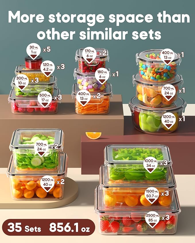 70 PCS Food Storage Containers with Lids Airtight, (35 Lids & 35 Containers) Leak proof Containers Set for Kitchen, Meal Prep, BPA-Free