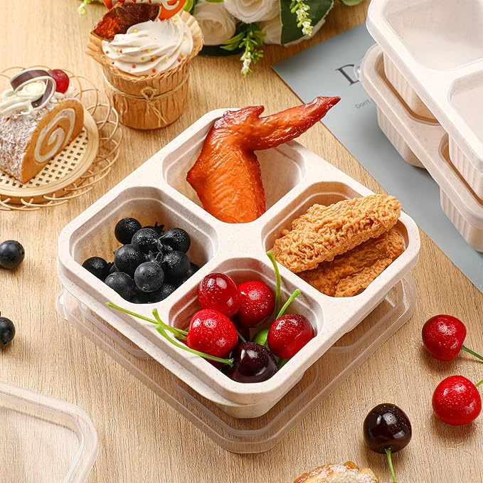 Ziliny 12 Pcs 4 Divided Compartments Snack Containers Bento Wheat Straw Snack Box with Lid Reusable Meal Prep Lunch Box Food Storage Containers for Adults Christmas Travel Work Gifts(Beige)