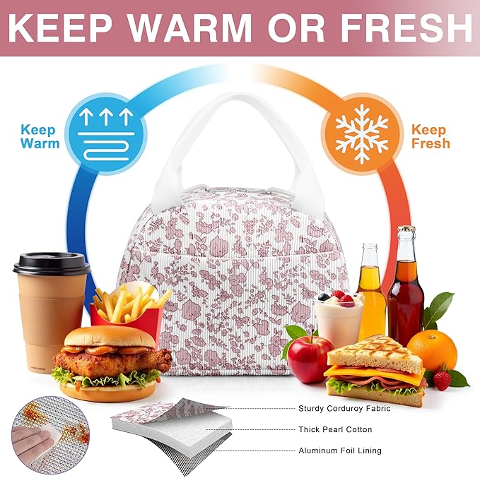 TESAFNG Lunch Bag - Insulated Lunch Box for Women, Reusable Large Capacity Cooler Bag for Adult, Small Leakproof Cute Corduroy Lunch Tote for Work Office Travel Picnic (Corduroy Pink-Flower)