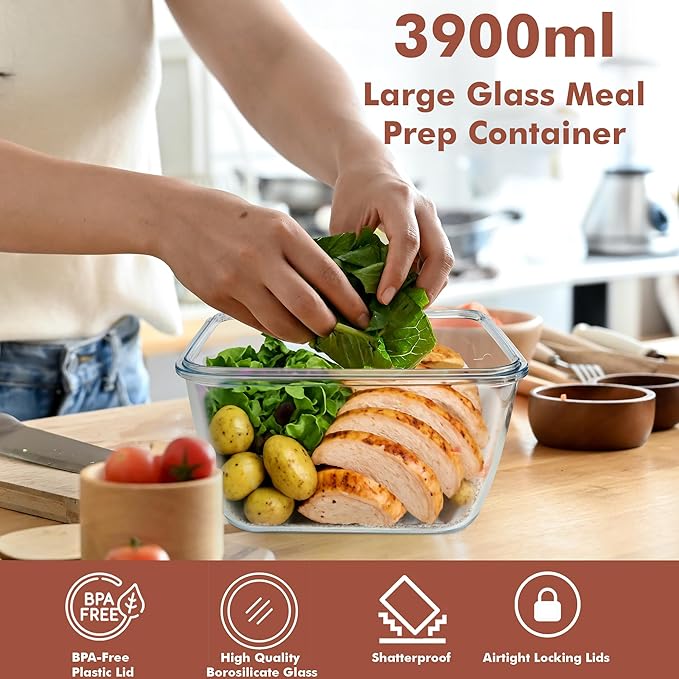 Razab 17 Cups / 132 Oz / 3900ml Large Glass Food Storage Containers with Lids - Leakproof, BPA-Free Large Meal Prep Container Ideal for Roasting Turkey, Store Leftover - Microwave & Oven Safe