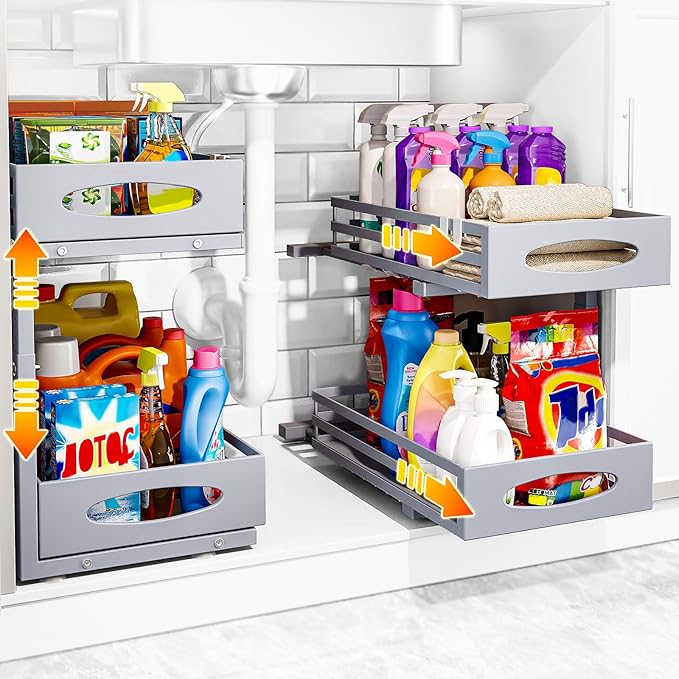 Under Sink Organizer, 2 Tier Under Sink Organizers and Storage, Adjustable Height, Slide out Metal Cabinet Organizers, Pull out Cabinet Storage Drawer Shelf for Kitchen Bathroom (Gray, 2 Pack)