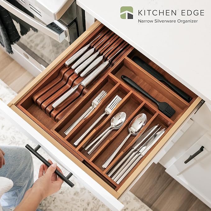KitchenEdge Premium Silverware, Flatware and Utensil Organizer for Kitchen Drawers, Food-Safe Contract Grade, Expandable from 10.5 to 19 In, Natural Acacia