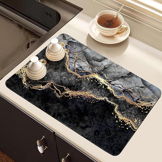 Dish Drying Mat for Kitchen Counter, Black Marble and Golden Veins Washable Absorbent Quick Dry Pad with Rubber Backing, Draining Mat for Dishes Coffee Table, 16" x 24"